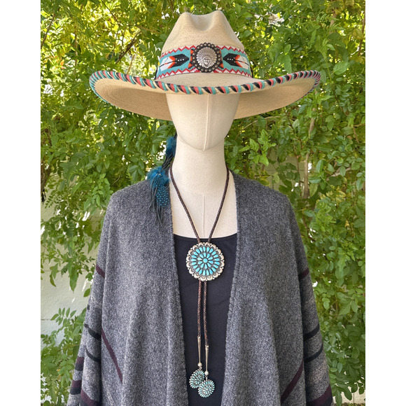 SOUTHWEST STYLE Sterling Bolo Tie & Earrings Set With Navajo Turquoise Clusters - Picture 8 of 8